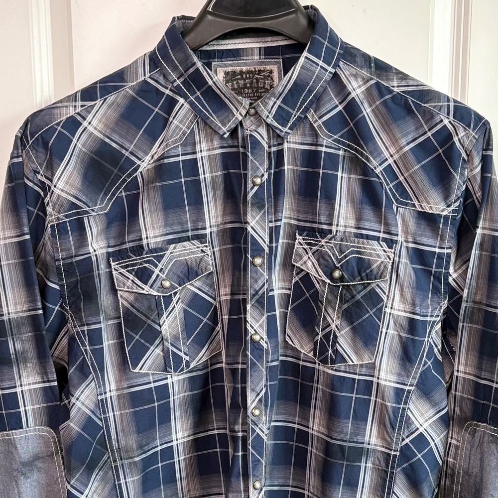 BKE Vintage Pearl Snap Shirt Men XXL Athletic Fit Blue Plaid Western Elbow Patch